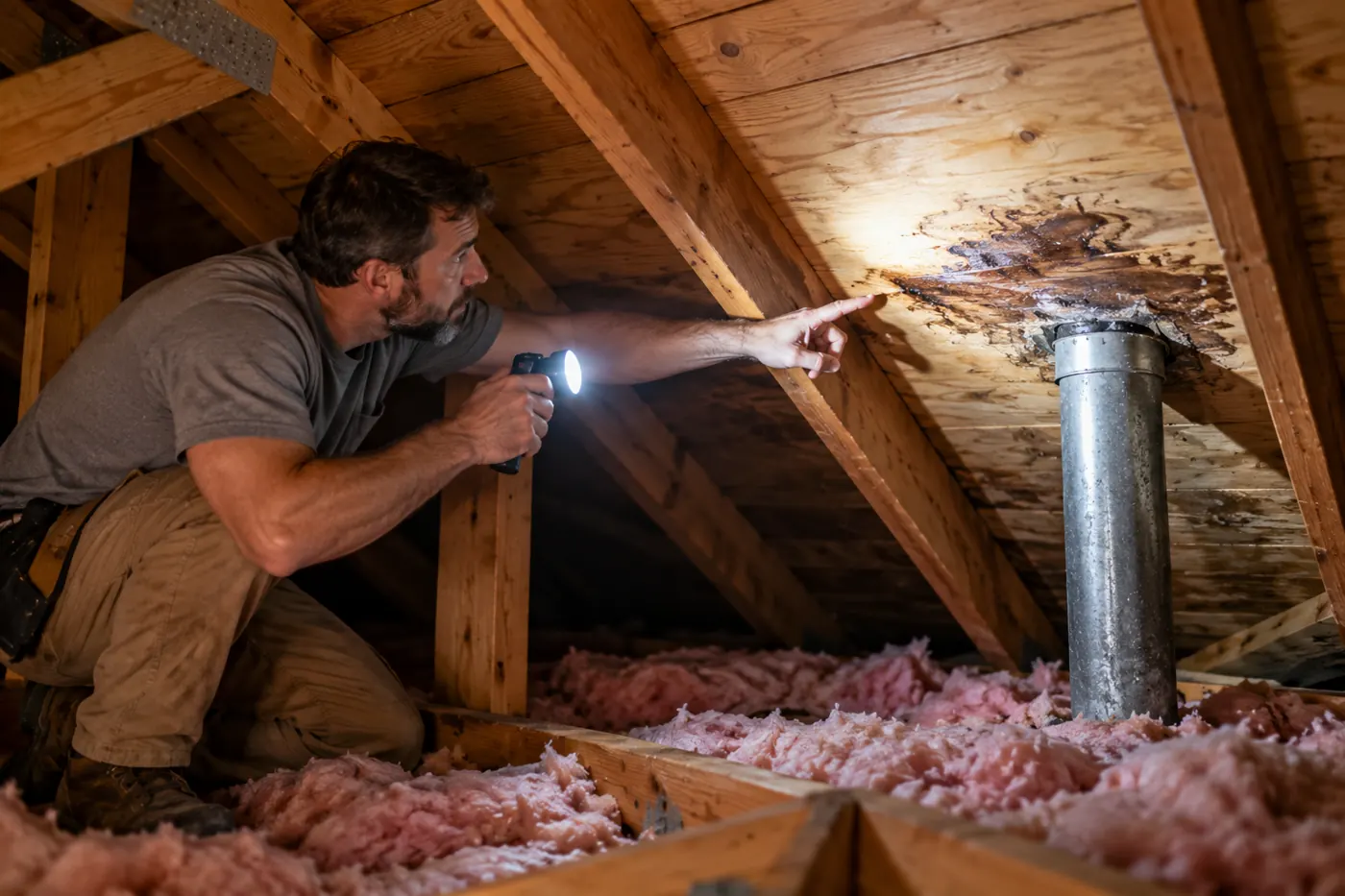Checking the attic for the source of a roof leak