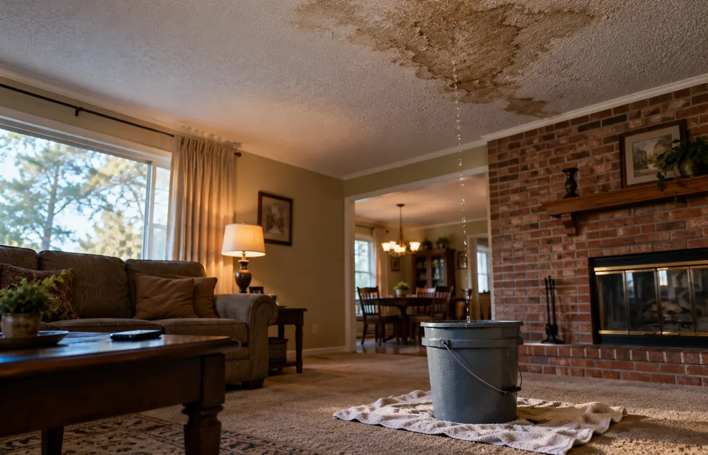 Water dripping from a ceiling stain into a bucket after a roof leak