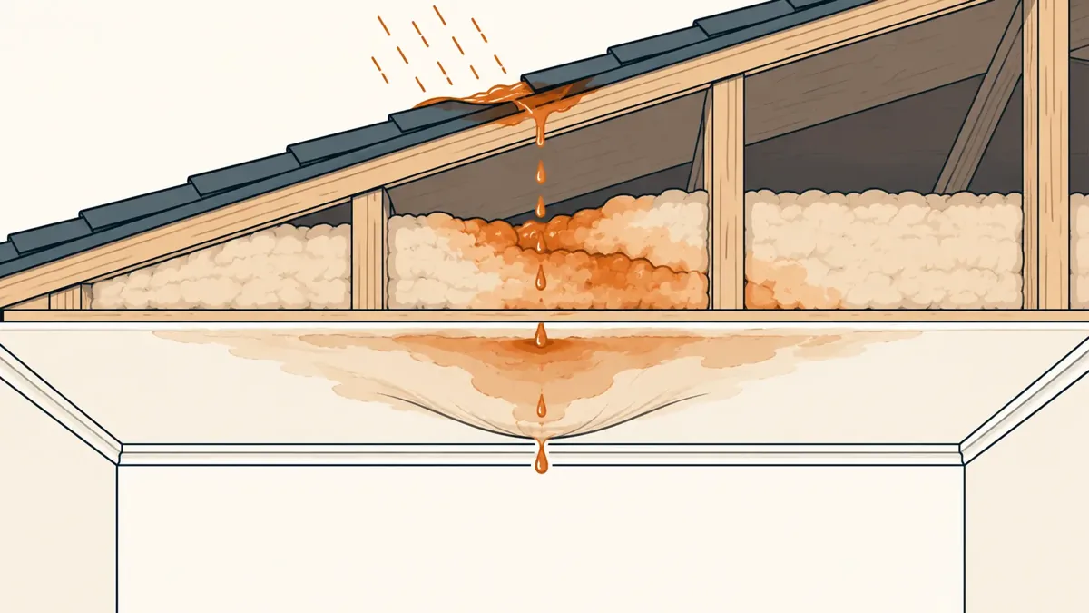 Diagram of a roof leak soaking attic insulation and making the ceiling sag
