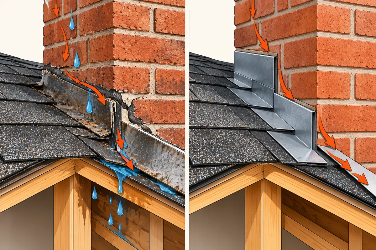Diagram: chimney with cracked caulk being repaired