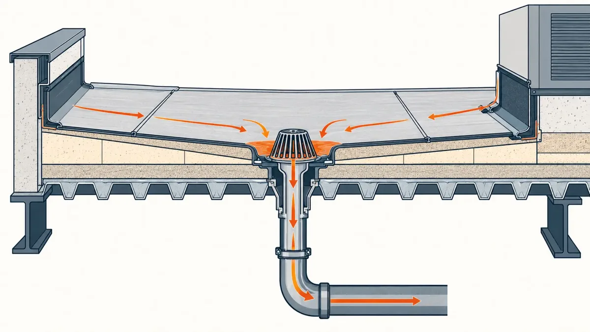 Diagram of water draining across a flat commercial roof into an internal drain