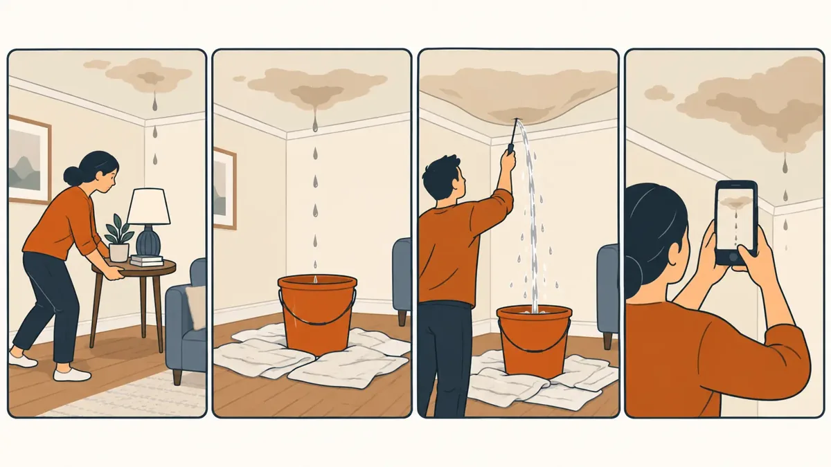 Illustrated steps: move belongings, catch the water, drain a bulging ceiling, take photos