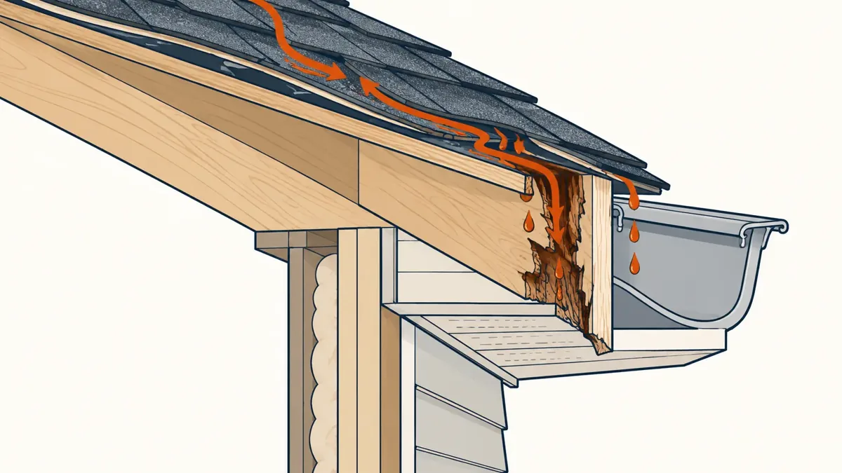 Diagram of water running behind the gutter and rotting the fascia board