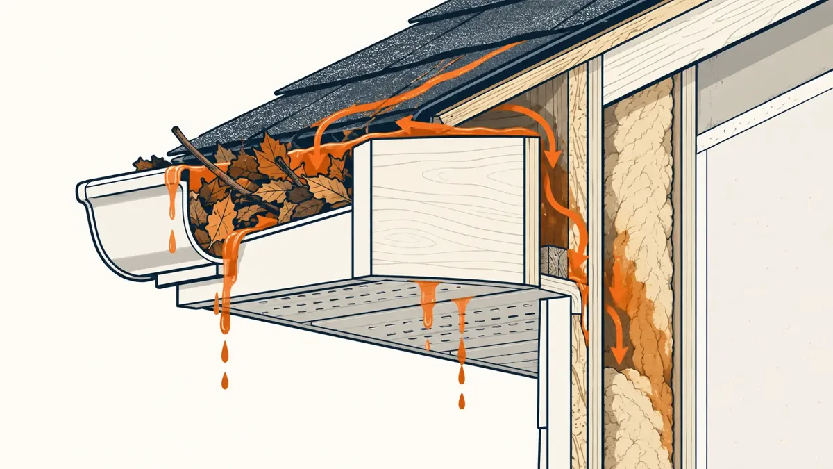 Diagram of a clogged gutter overflowing into the soffit and wall