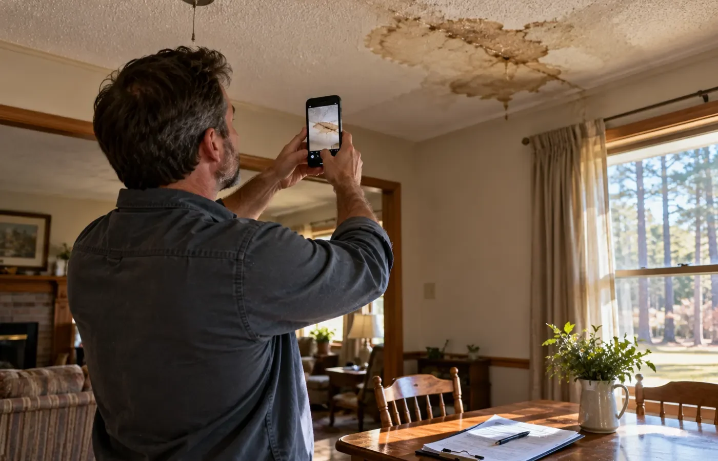 Homeowner photographing roof leak damage for an insurance claim