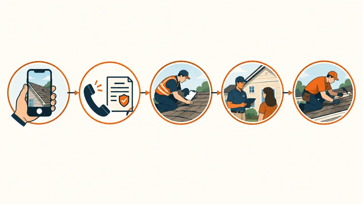 Illustrated steps for a roof insurance claim: photos, call the insurer, inspection, adjuster, repair