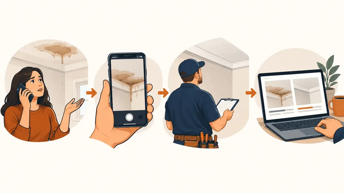 Illustrated steps: tenant reports a leak, sends a photo, roofer inspects, owner approves by photo