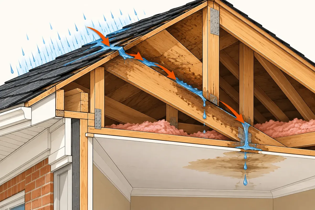 Diagram of rainwater running along a rafter before it drips onto the ceiling