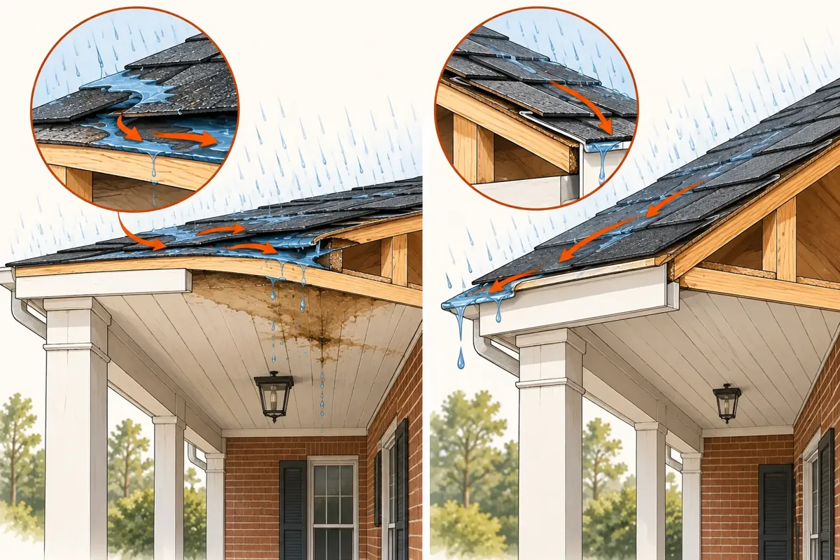 Diagram comparing a too-flat porch roof that leaks with a properly sloped one