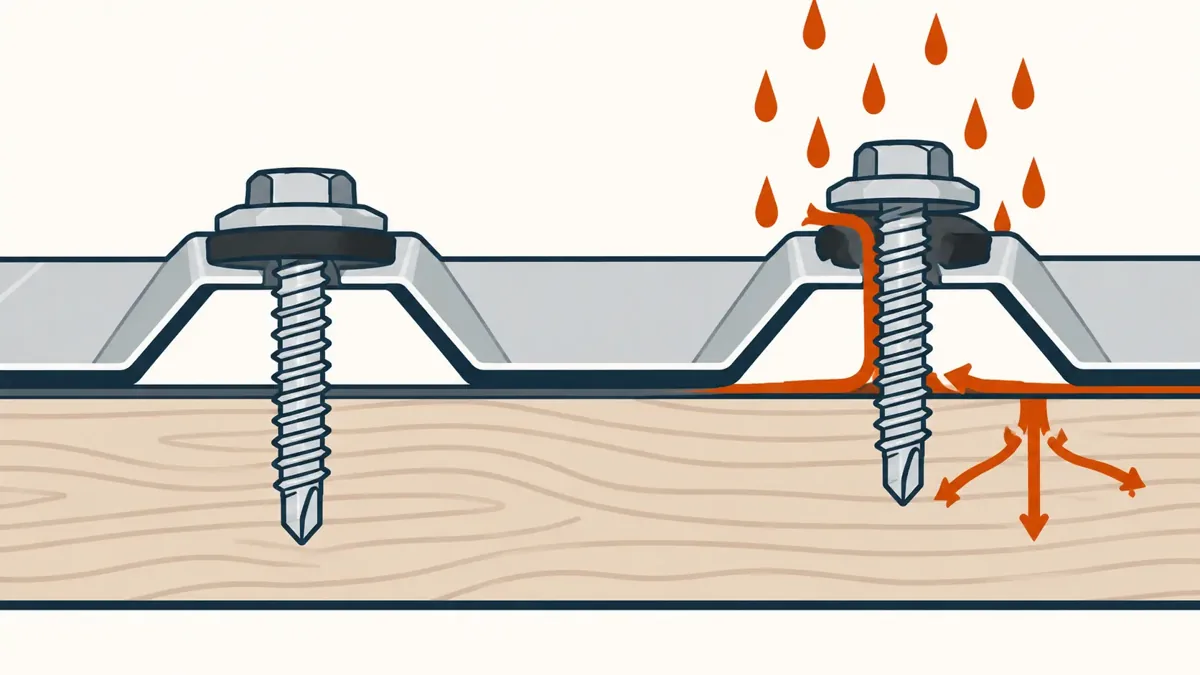 Diagram of a sealed metal roof screw next to a failed screw letting water in