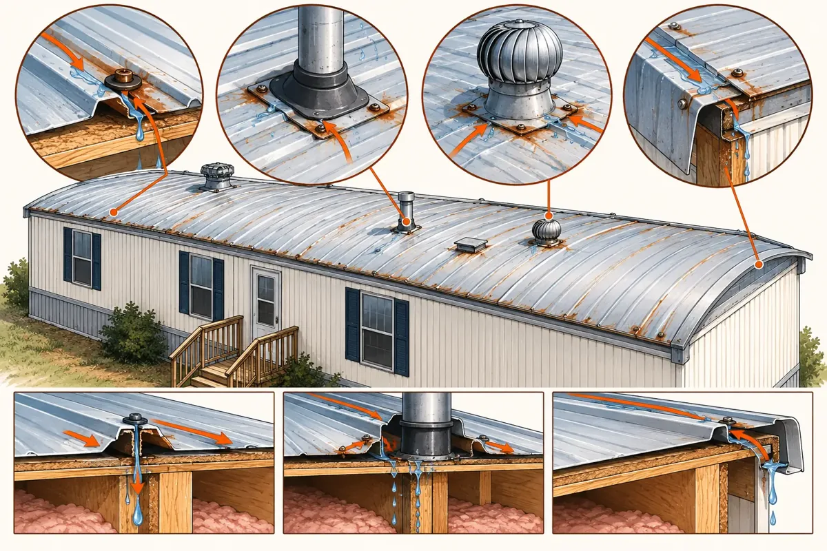 Diagram of where mobile home roofs leak: seams, pipe vents, roof vents and edges