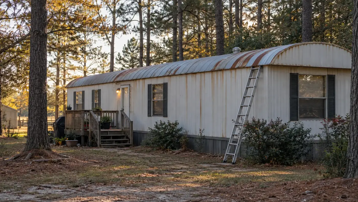 Mobile home metal roof with rusted seams in Pine Bluff, AR