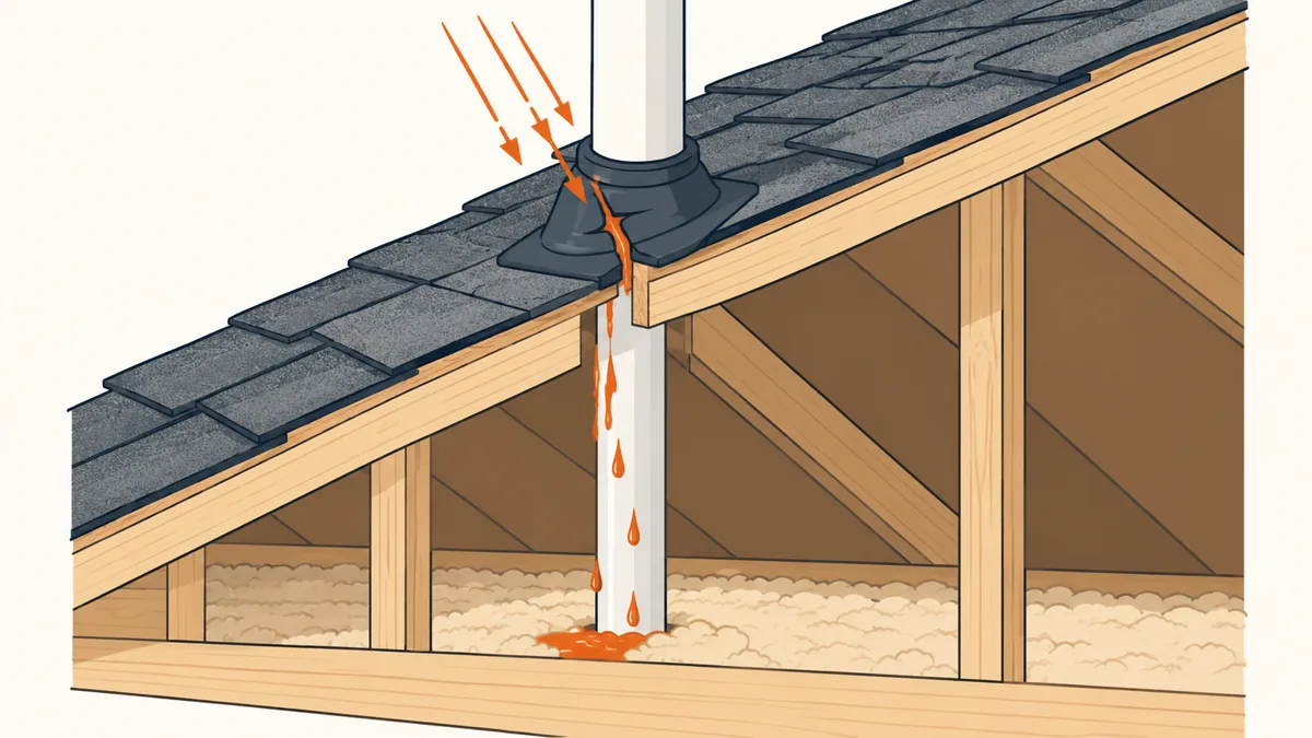 Diagram: cracked pipe boot around a roof vent pipe