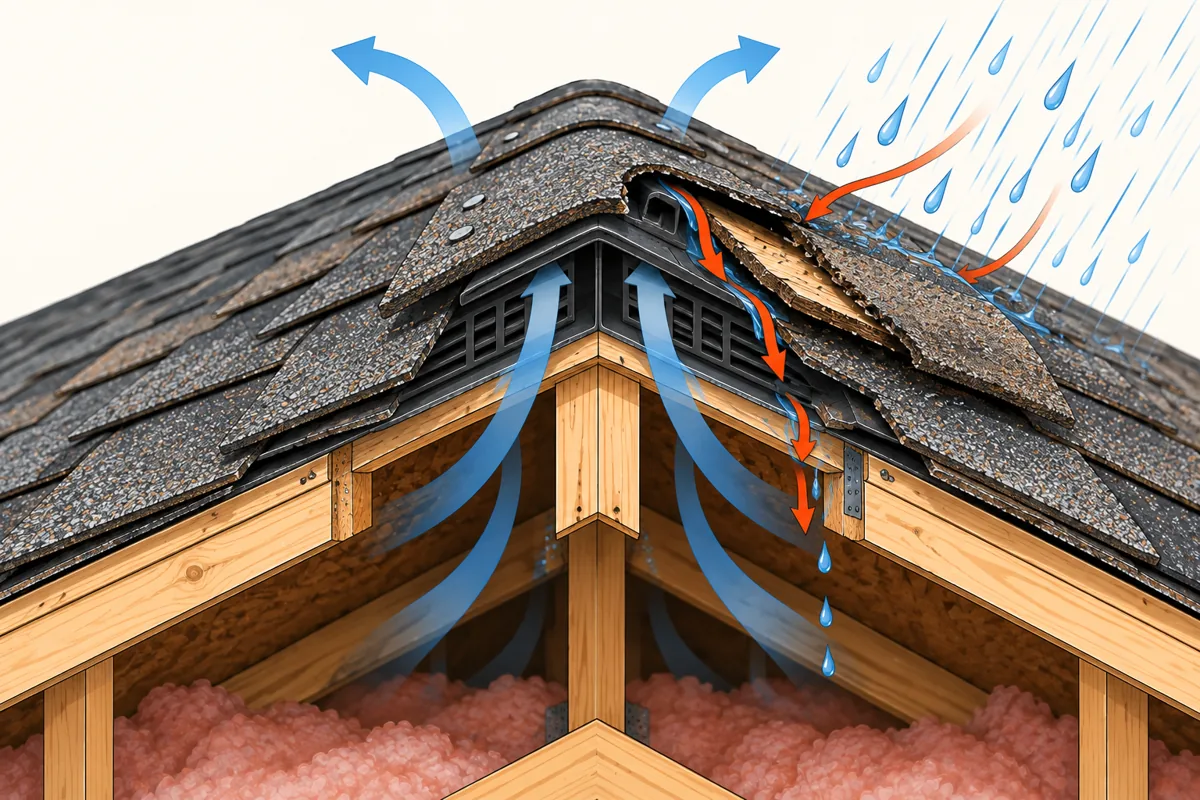 Diagram: cracked ridge cap shingles on a roof peak
