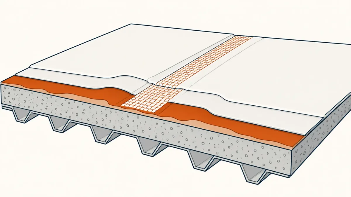 Diagram of roof coating layers: primer, reinforced seams and white topcoat