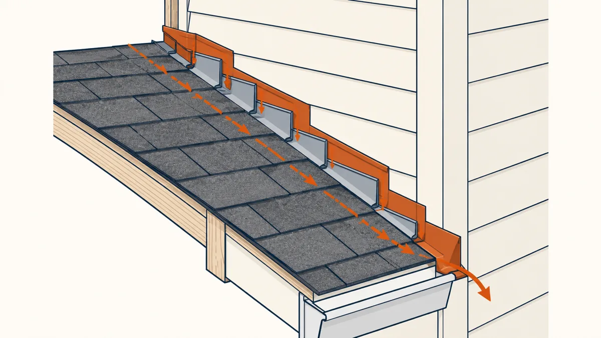 Diagram: worn step flashing where a roof meets a wall