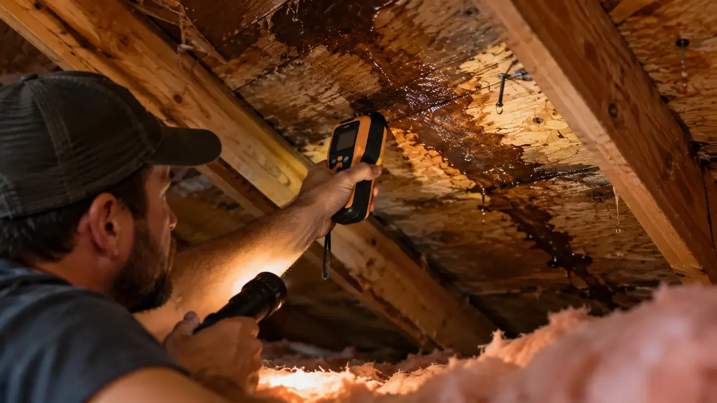 Using a moisture meter to find a roof leak in the attic in Pine Bluff, AR