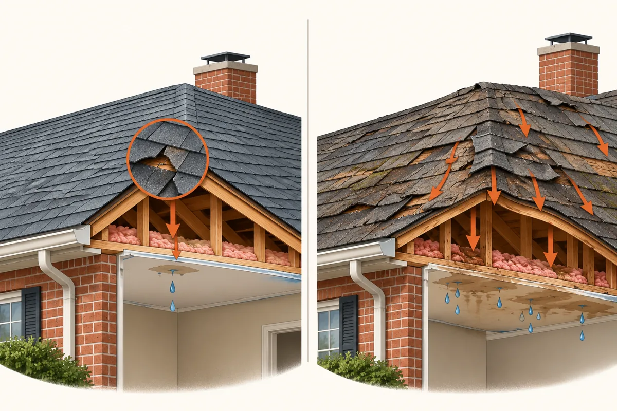 Illustration comparing a roof that needs repair with one that needs replacement