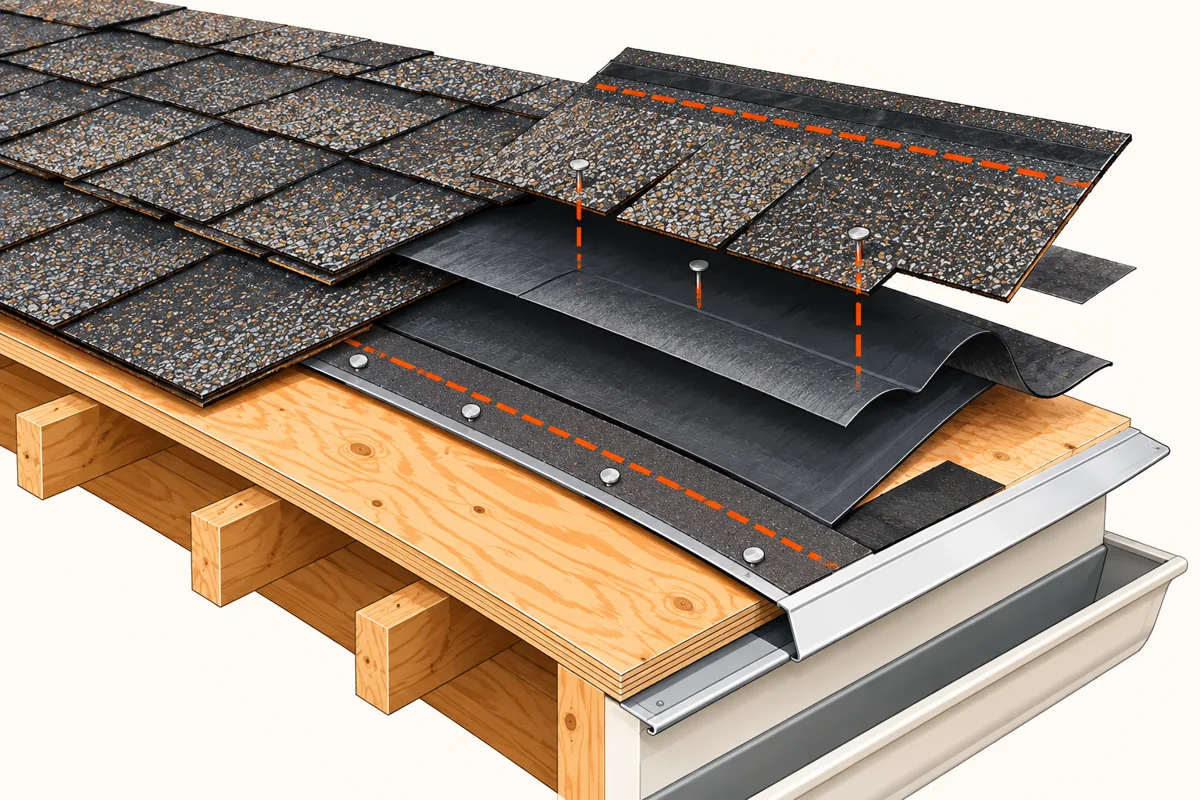 Diagram: old shingles being torn off for a roof replacement