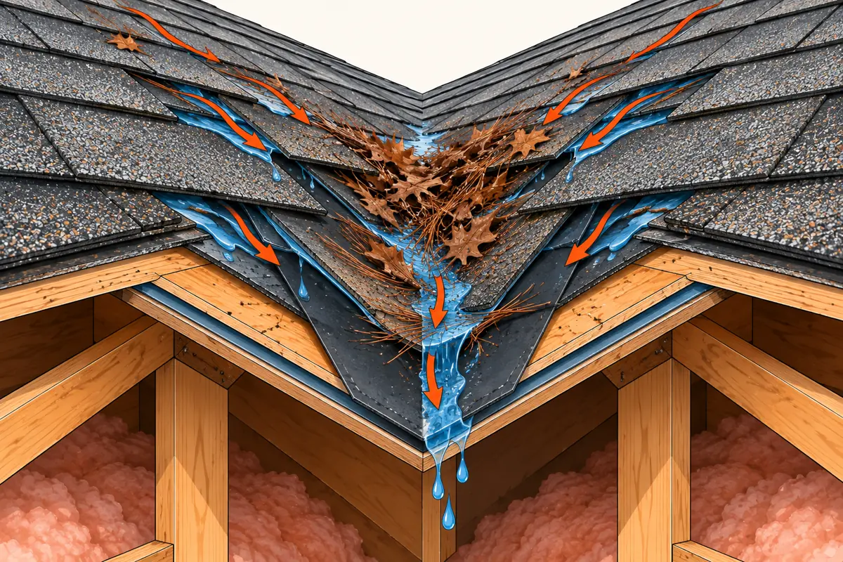 Diagram: roof valley clogged with pine needles
