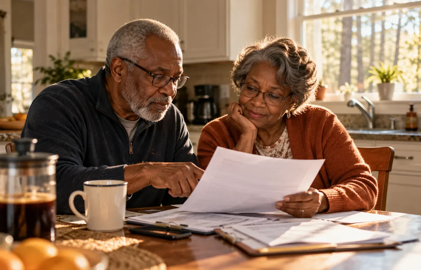 Senior homeowners reviewing a home repair grant application