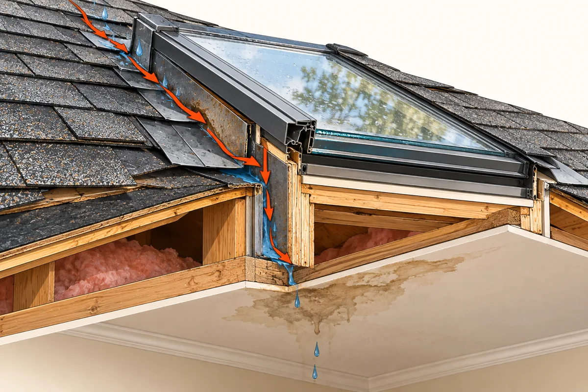 Diagram: leaking skylight with worn flashing