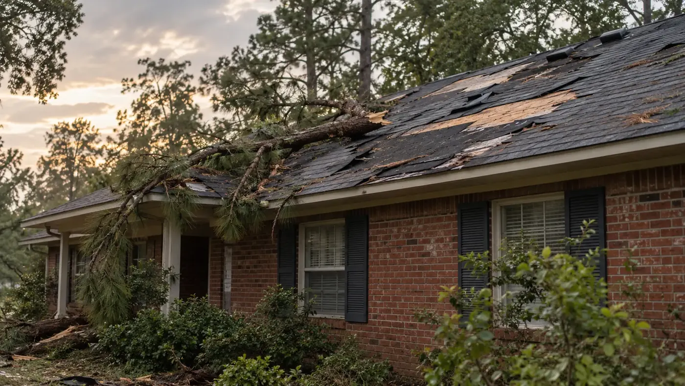 Wind-torn shingles and a fallen limb after a storm in Pine Bluff, AR