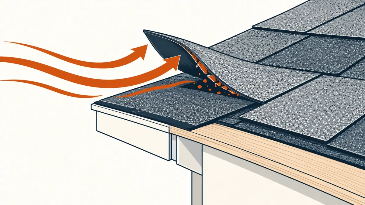 Diagram of wind lifting a shingle tab and breaking its seal